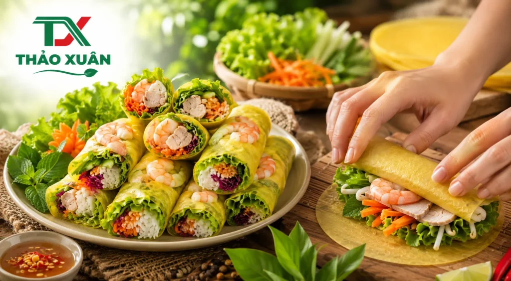 Đĩa gỏi cuốn tôm thịt với bánh tráng nghệ