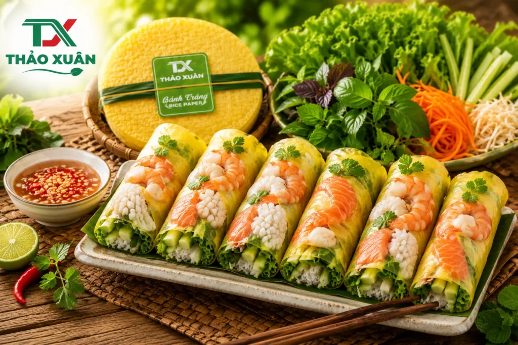 Cuốn tôm, mực, cá hồi bằng bánh tráng nghệ