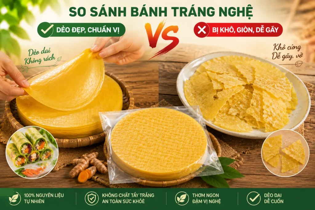 Nên chọn bánh tráng nghệ có độ dẻo tốt và màu sắc tự nhiên