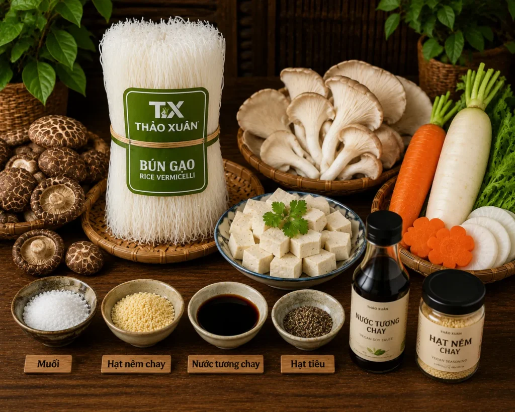 Nguyên liệu chuẩn bị cho món bún chay từ bún tươi khô
