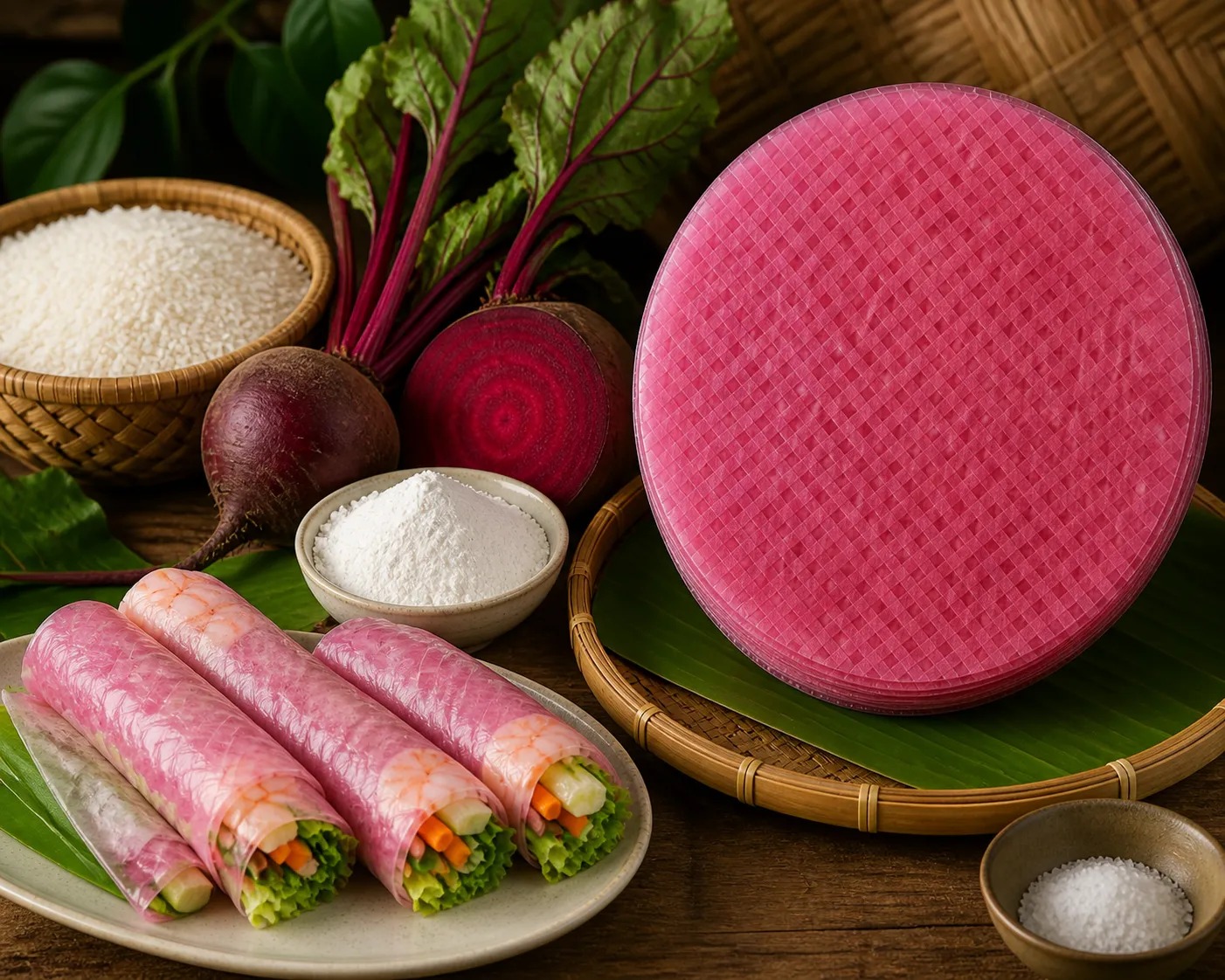 Bánh tráng củ dền được làm từ nguyên liệu tự nhiên, mang màu sắc đẹp mắt từ củ dền