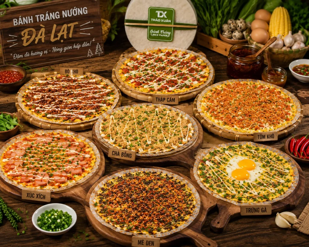 Bánh Tráng Nướng Đà Lạt hấp dẫn thực khách bởi lớp bánh giòn rụm, topping đậm đà và hương thơm đặc trưng.