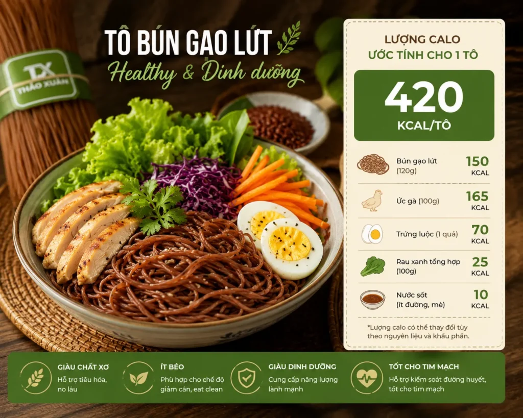 100g bún gạo lứt đã luộc chứa lượng calo phù hợp cho chế độ ăn kiểm soát cân nặng.