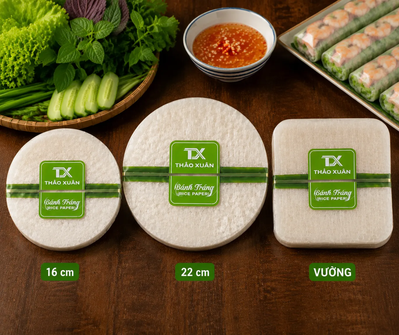 Các kích thước bánh tráng gỏi cuốn phổ biến phù hợp nhiều nhu cầu sử dụng khác nhau.