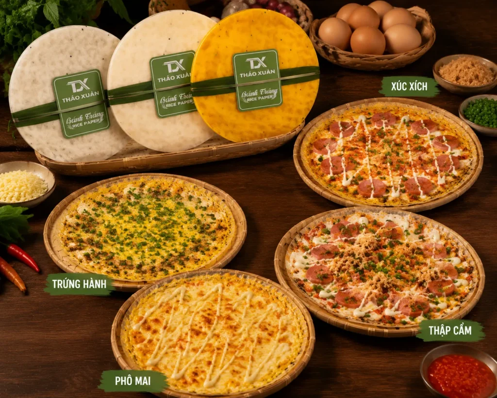 Bánh tráng nướng bằng chảo có thể biến tấu với nhiều loại topping khác nhau.