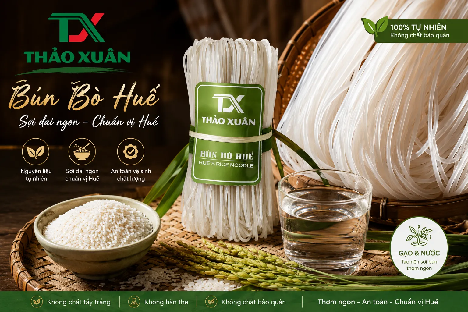 Sợi bún bò Huế khô được sản xuất từ gạo, giữ độ dai tự nhiên sau khi chế biến.
