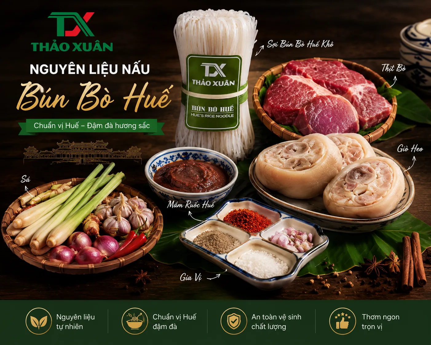 Các nguyên liệu chính để chế biến món bún bò Huế chuẩn vị miền Trung.