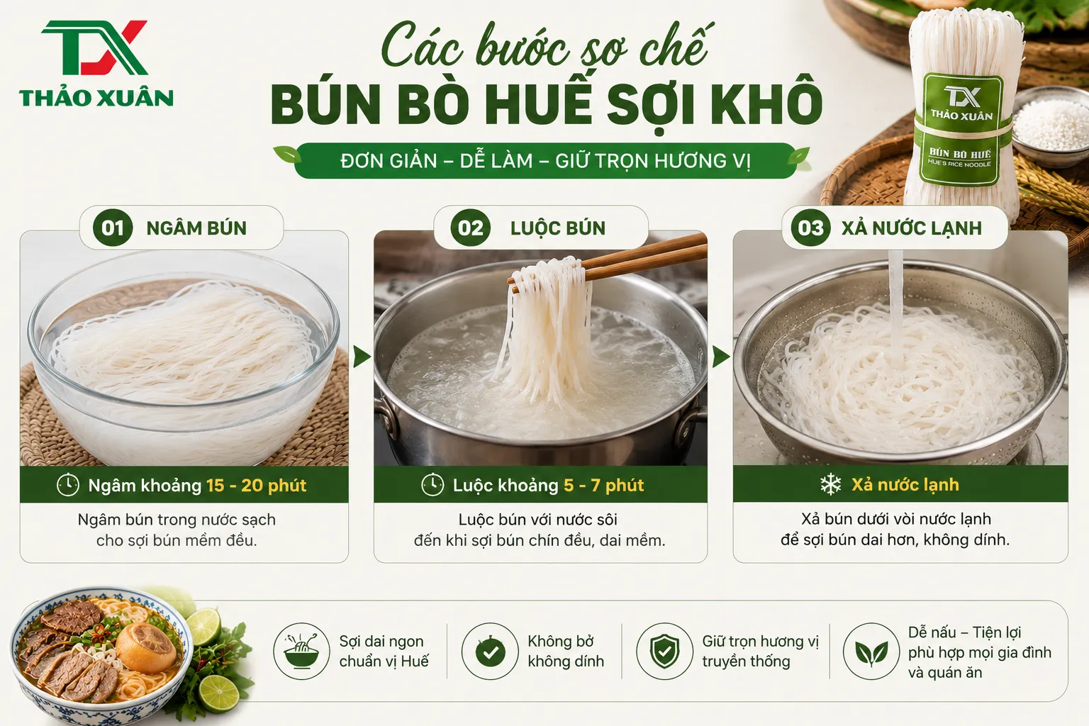 Ngâm và luộc đúng cách giúp sợi bún giữ được độ dai và không dính.