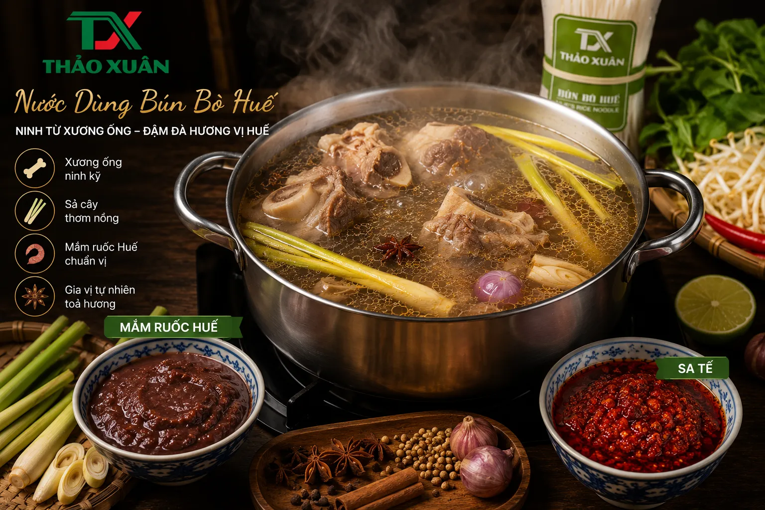 Nước dùng được ninh từ xương kết hợp mắm ruốc Huế tạo nên hương vị đặc trưng.