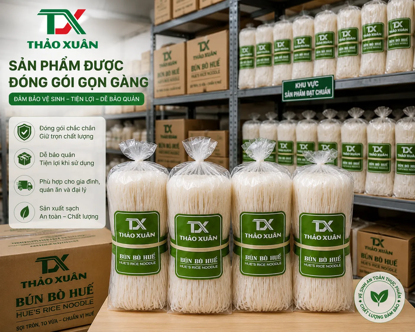 Bún bò Huế sợi khô dễ bảo quản và có thời hạn sử dụng từ 18–24 tháng.
