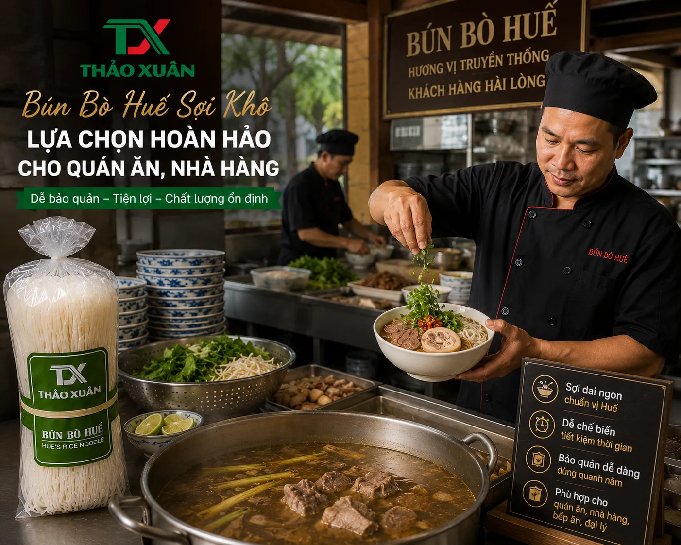 Bún bò Huế sợi khô phù hợp cho gia đình, quán ăn, nhà hàng và đại lý phân phối.