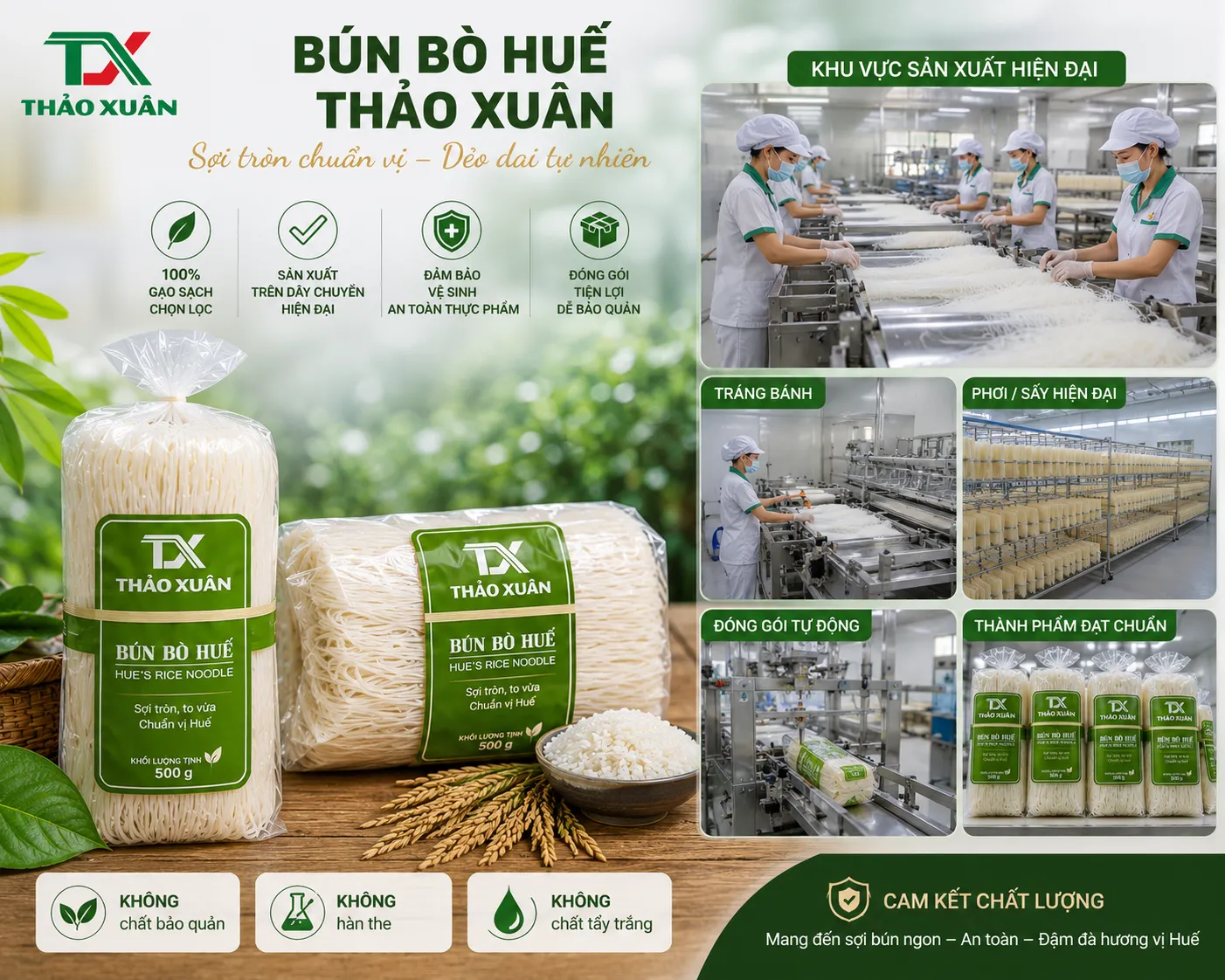 Bún bò Huế Thảo Xuân được sản xuất trực tiếp tại xưởng với quy trình kiểm soát chất lượng nghiêm ngặt.