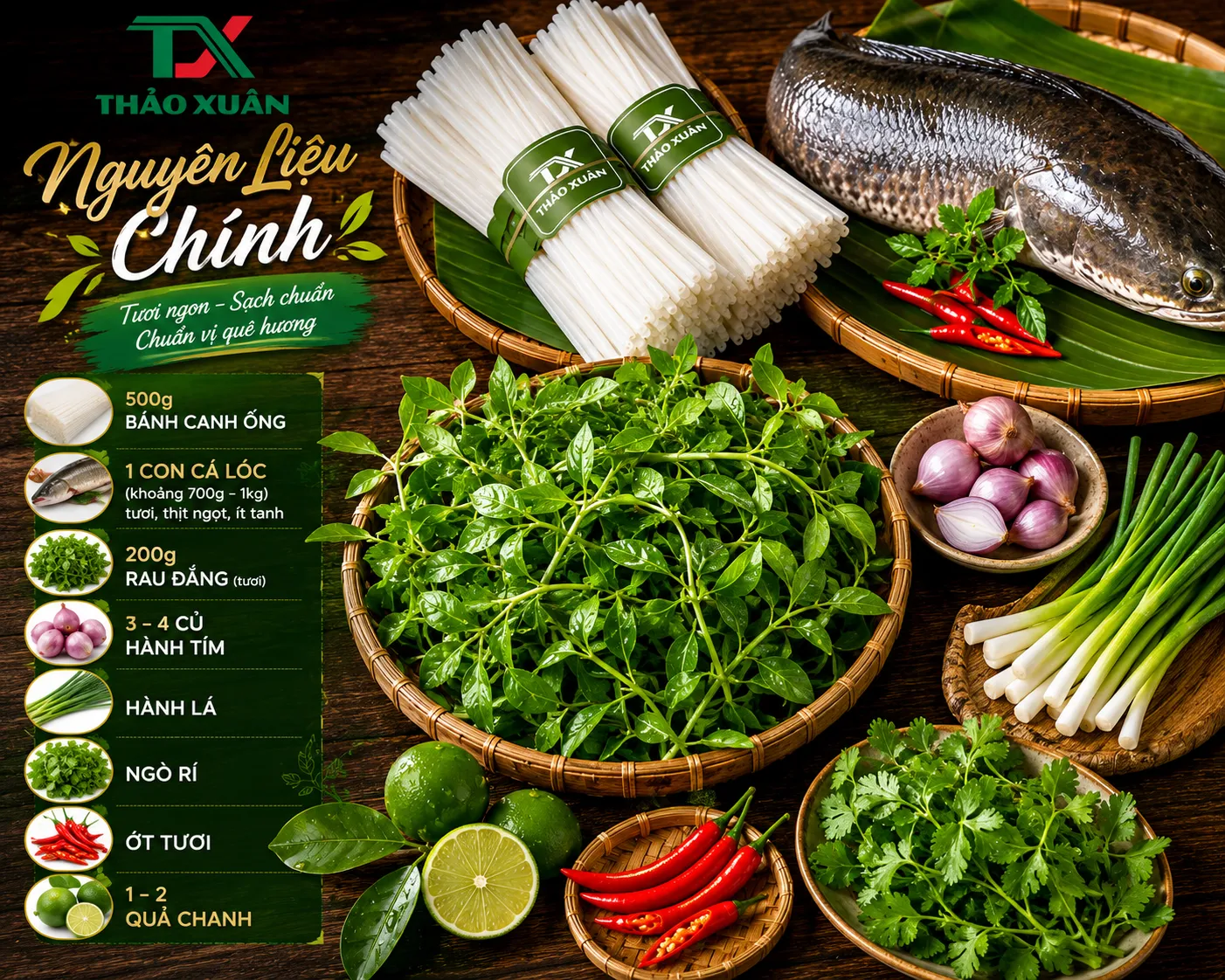 Chuẩn bị đầy đủ nguyên liệu để nấu bánh canh cá lóc rau đắng thơm ngon tại nhà.