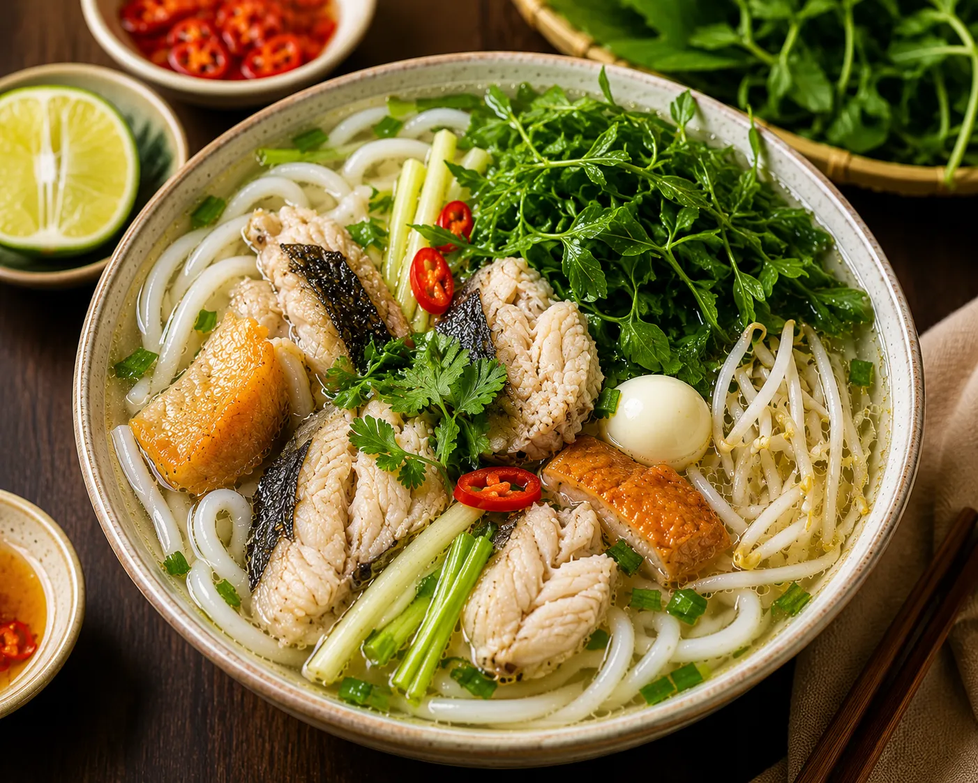 Bánh canh cá lóc rau đắng cung cấp protein, chất xơ và năng lượng cho cơ thể.
