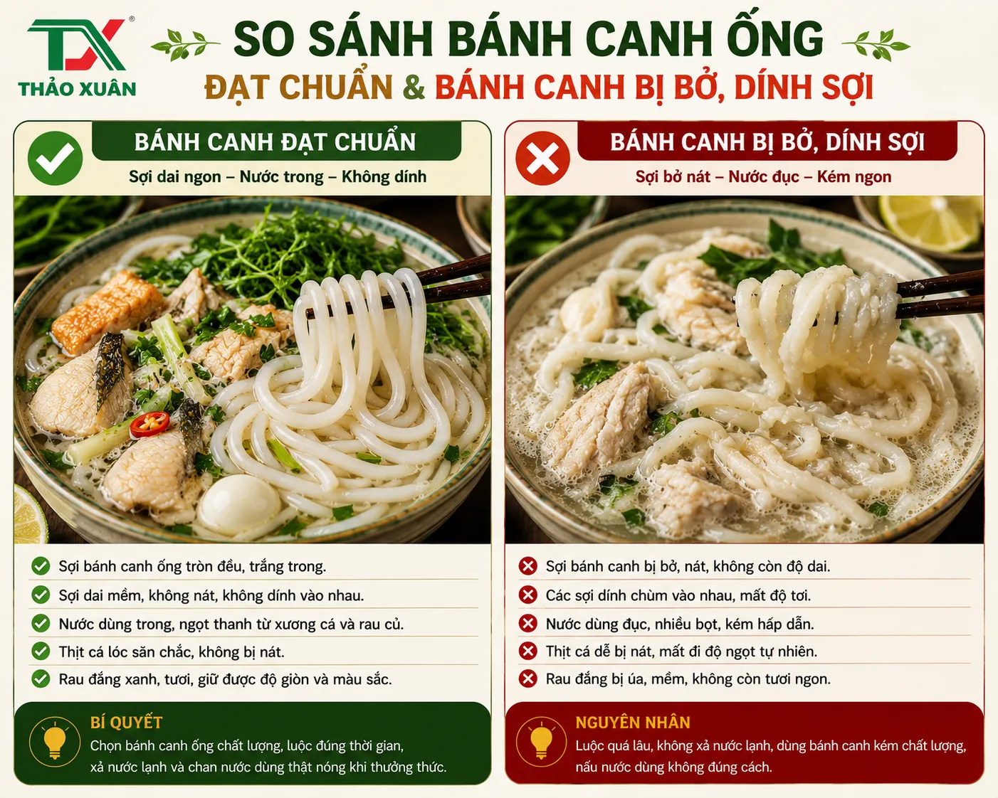 Luộc bánh canh đúng cách giúp sợi bánh không bị bở hoặc dính vào nhau.