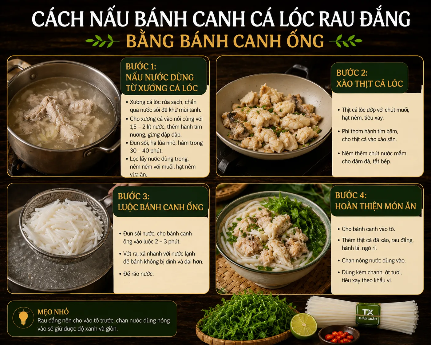 Hoàn thiện món bánh canh cá lóc rau đắng hấp dẫn và chuẩn vị.