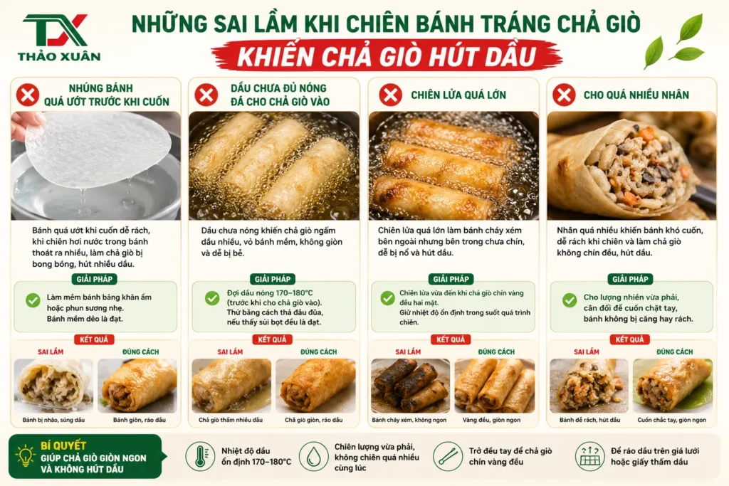 Cách Làm Bánh Tráng Chả Giò Giòn Rụm, Ít Hút Dầu – Bí Quyết Chiên Vàng Đều Tại Nhà 9 Việc nhận biết và khắc phục các sai lầm này sẽ giúp bạn tạo ra những cuốn chả giò vàng giòn, thơm ngon và hấp dẫn hơn.
