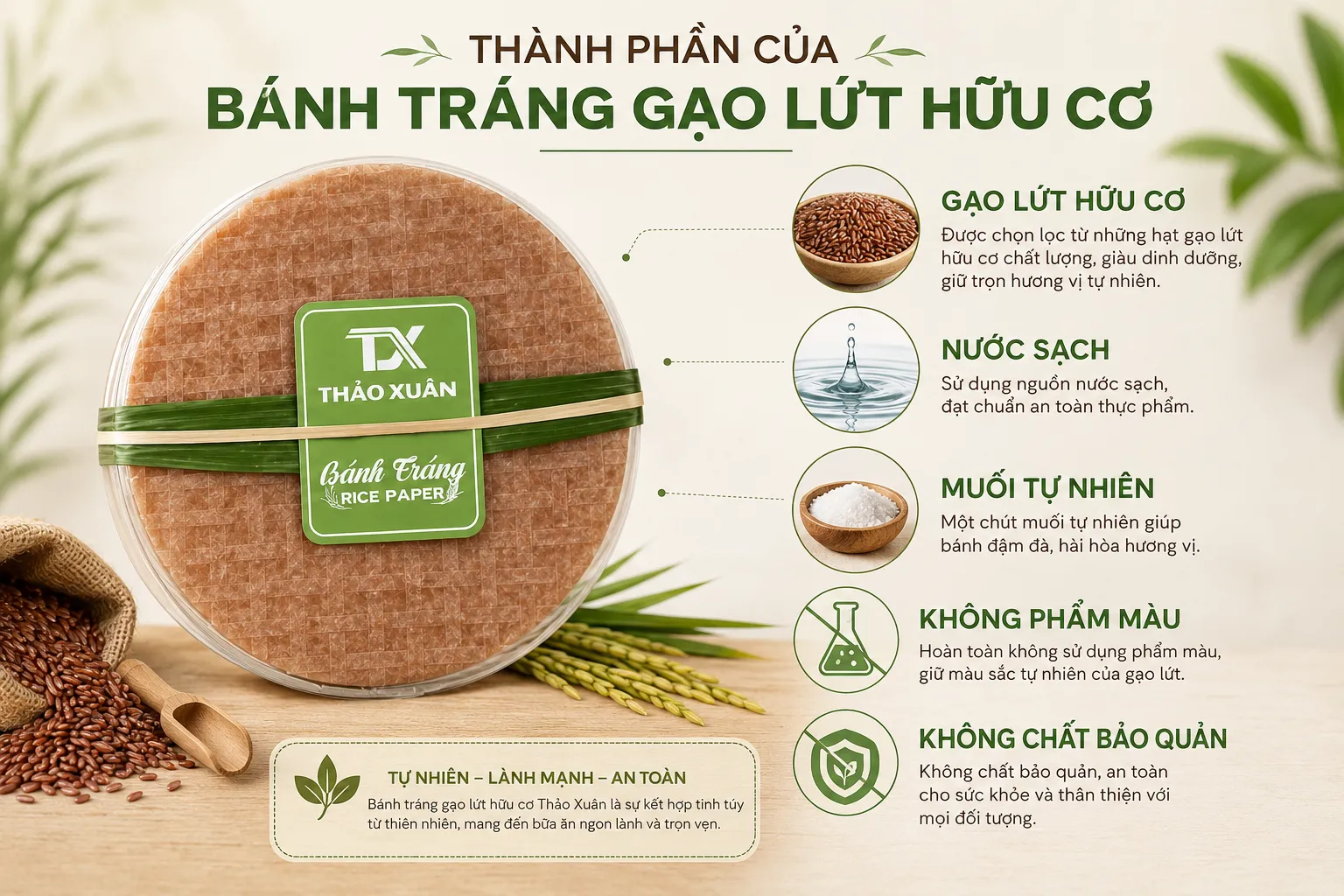 Bánh tráng gạo lứt hữu cơ được làm từ gạo lứt tự nhiên, không phẩm màu và không chất bảo quản.