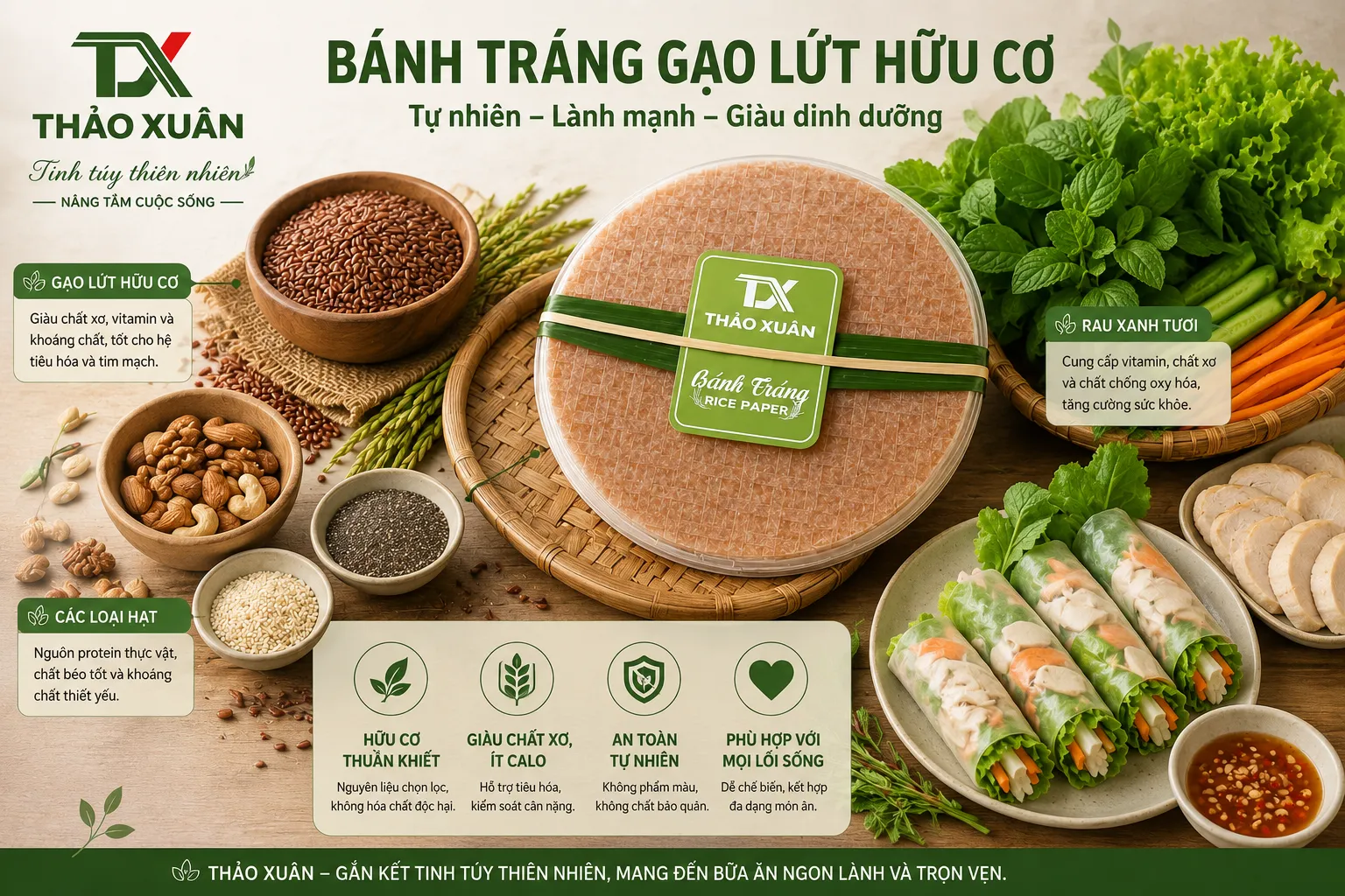 Bánh tráng gạo lứt hữu cơ chứa chất xơ, vitamin và khoáng chất giúp bổ sung dinh dưỡng cho cơ thể.