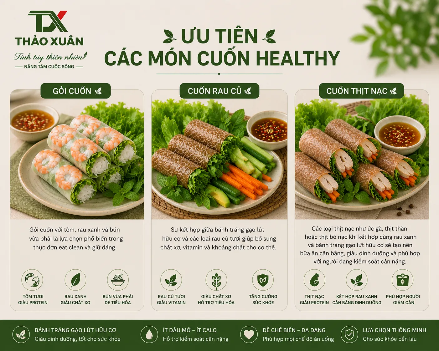 Bánh tráng gạo lứt hữu cơ đặc biệt phù hợp với các món cuốn lành mạnh, vừa ngon miệng vừa hỗ trợ kiểm soát cân nặng.