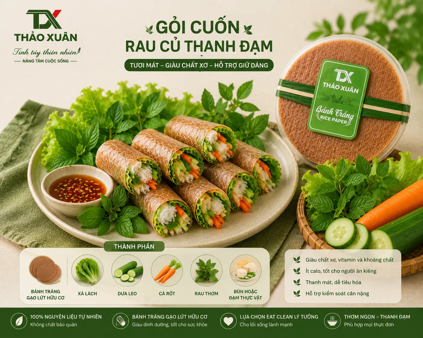 Gỏi cuốn rau củ là món ăn thanh đạm, phù hợp với người ăn kiêng và giữ dáng.