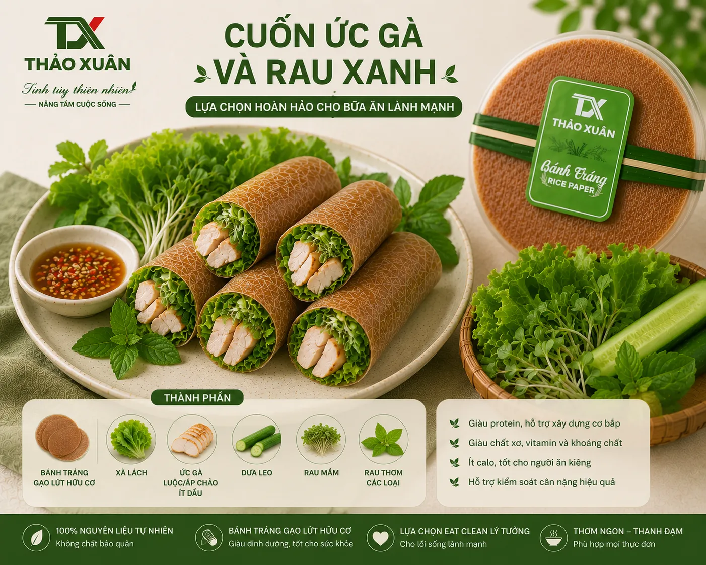 Sự kết hợp giữa ức gà và bánh tráng gạo lứt hữu cơ giúp bổ sung protein và chất xơ.