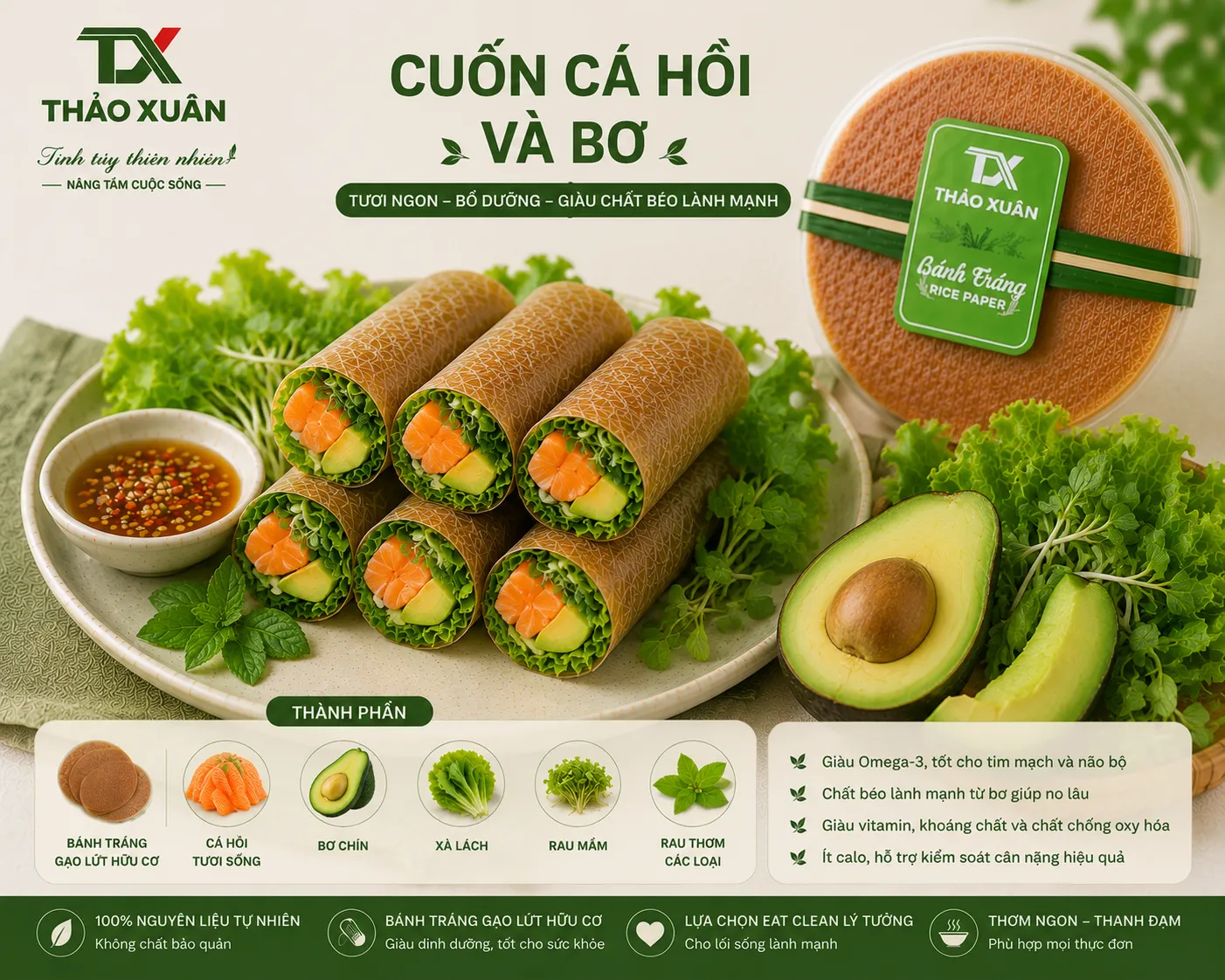 Cá hồi và bơ cung cấp chất béo tốt khi kết hợp cùng bánh tráng gạo lứt hữu cơ.
