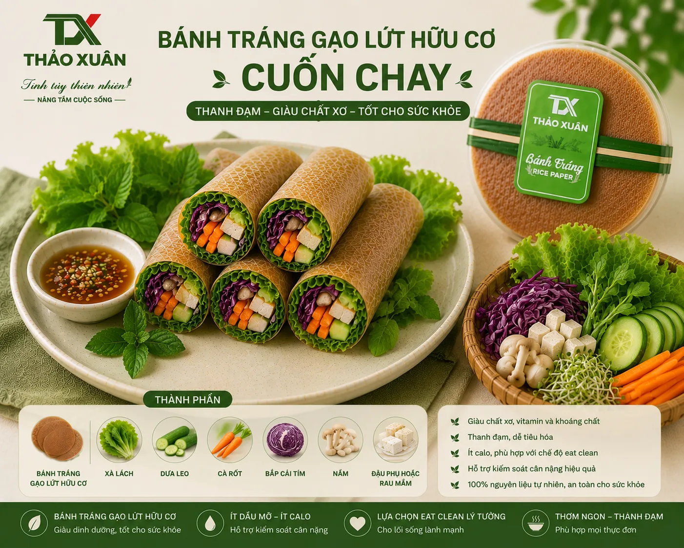 Món cuốn chay từ bánh tráng gạo lứt hữu cơ giàu chất xơ và phù hợp với lối sống healthy.