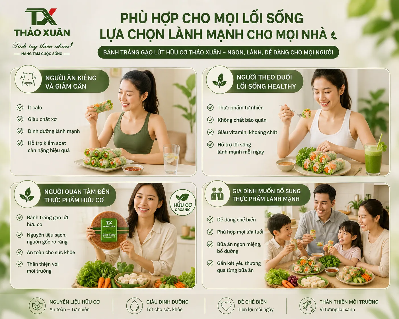 Nhờ thành phần tự nhiên và giá trị dinh dưỡng cao, bánh tráng gạo lứt hữu cơ phù hợp với nhiều đối tượng khác nhau.