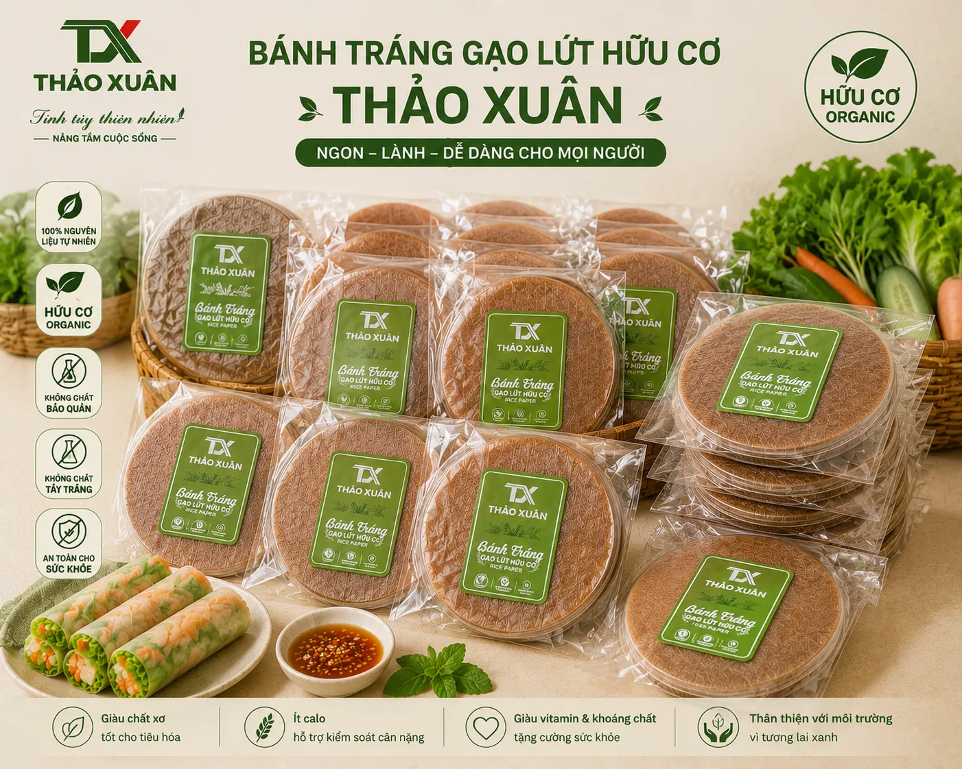Bánh tráng gạo lứt hữu cơ Thảo Xuân được sản xuất từ nguồn nguyên liệu chọn lọc, đảm bảo chất lượng và an toàn thực phẩm.