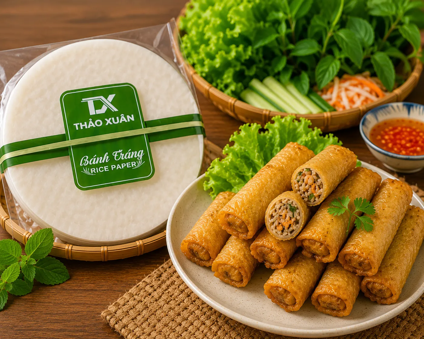Bánh Tráng Chả Giò Thảo Xuân là lựa chọn lý tưởng để tạo nên những cuốn chả giò vàng đều, giòn rụm, ít hút dầu và hấp dẫn cho cả gia đình.