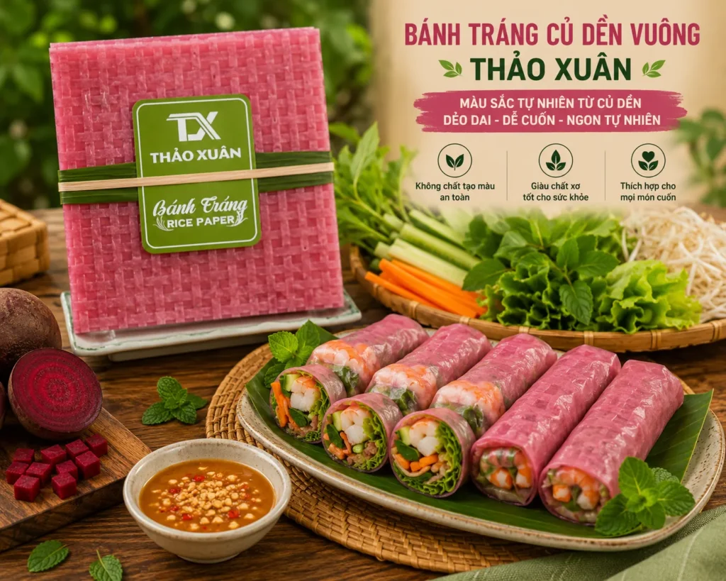 Bánh Tráng Củ Dền – Vuông phù hợp để cuốn chả giò, nem rán và các món ăn cần tạo hình đẹp mắt.