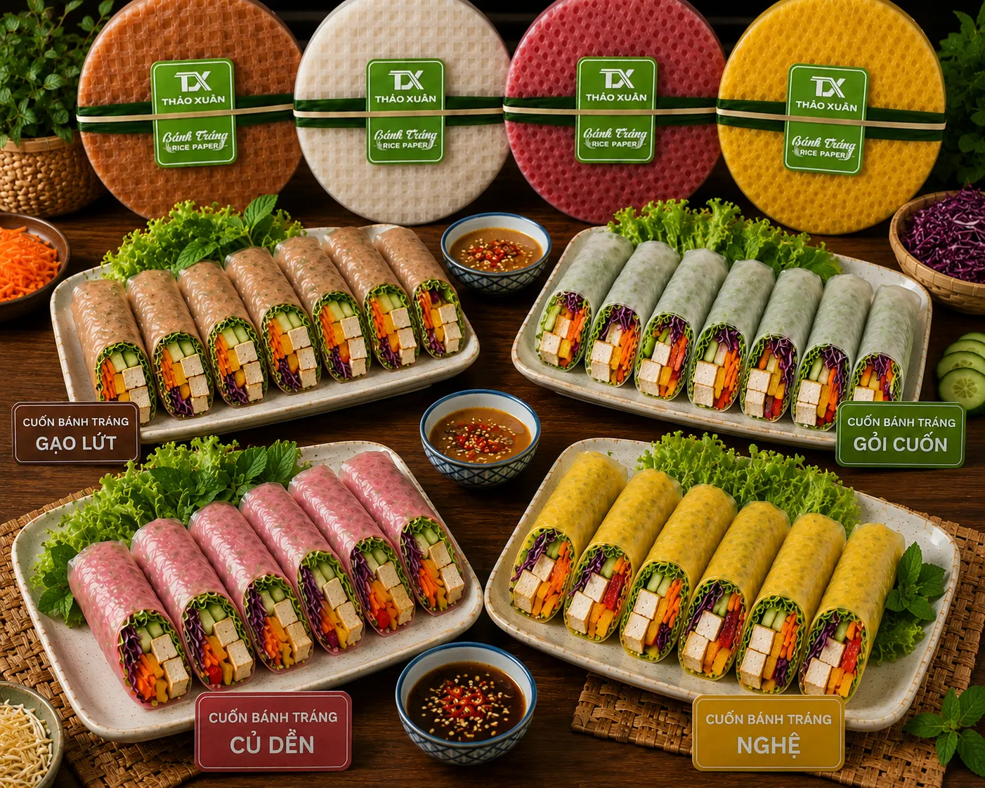 Món bánh tráng cuốn chay thanh đạm từ bánh tráng Thảo Xuân.