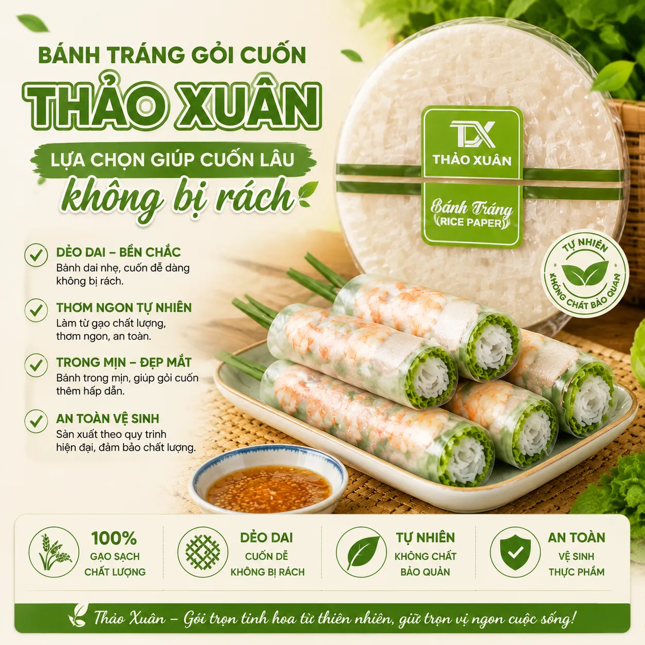 Bánh tráng gỏi cuốn Thảo Xuân – lựa chọn giúp cuốn lâu, không bị rách, giữ trọn vị tươi ngon.