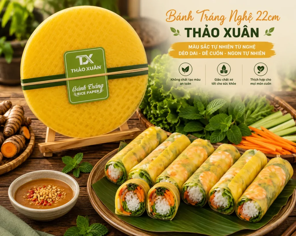Bánh tráng nghệ 22cm là dòng sản phẩm được nhiều gia đình và quán ăn lựa chọn nhờ kích thước tiêu chuẩn