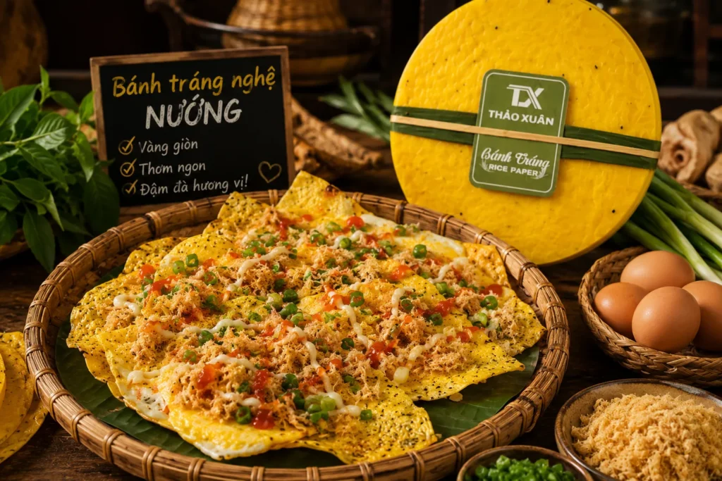 Bánh tráng nghệ nướng giòn rụm, thơm ngon chuẩn vị Đà Lạt với màu vàng tự nhiên từ nghệ.