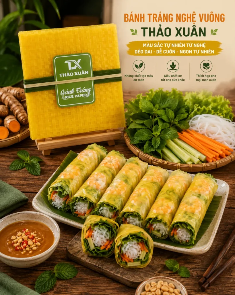 Bánh Tráng Nghệ Thảo Xuân nổi bật với màu vàng tự nhiên từ nghệ.