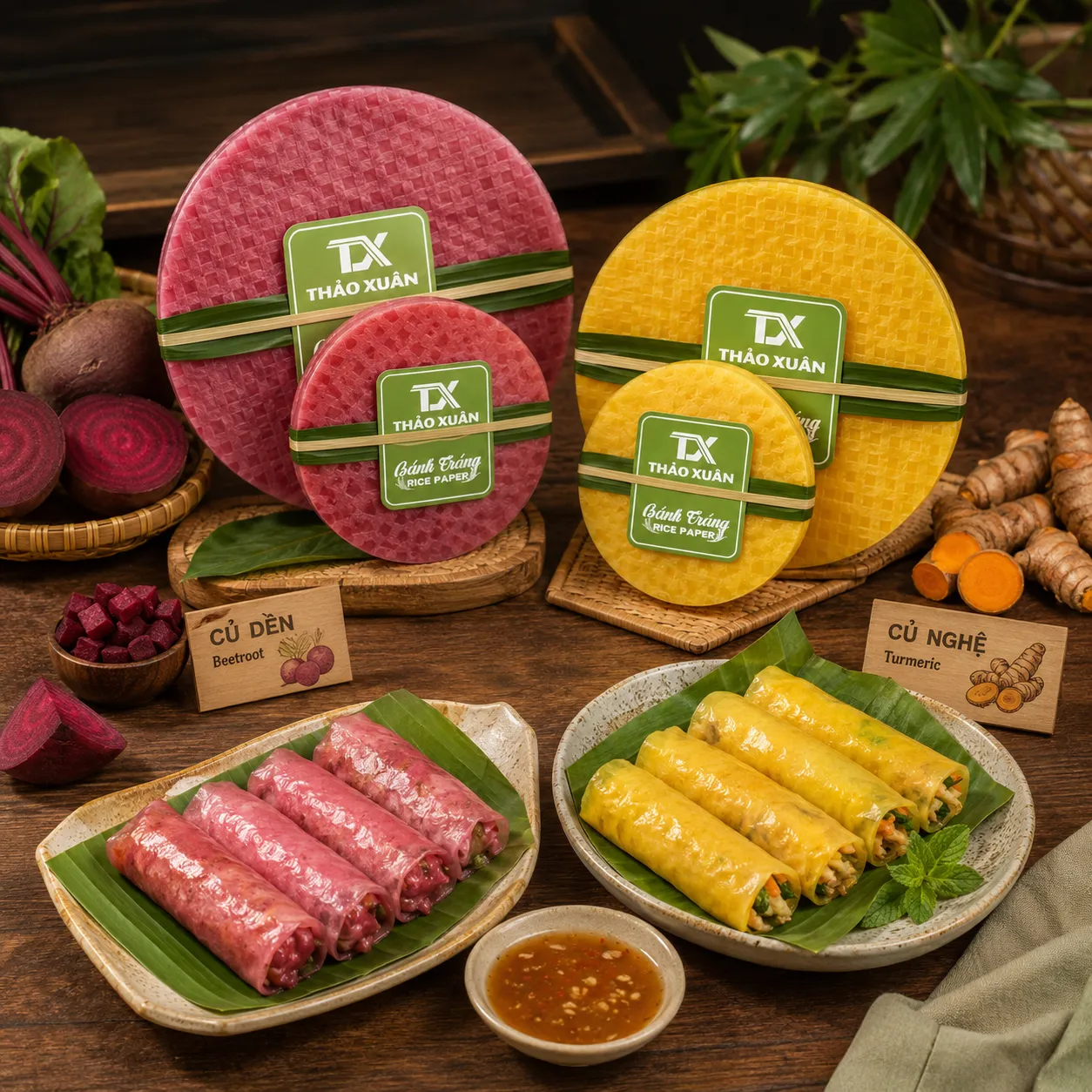 Bánh tráng từ rau củ Thảo Xuân với màu sắc tự nhiên từ củ dền và nghệ.