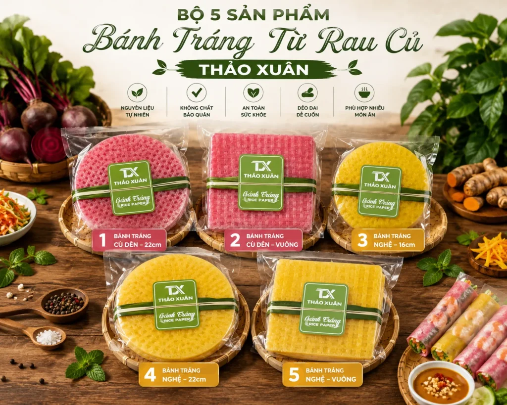Các dòng bánh tráng từ rau củ Thảo Xuân đáp ứng đa dạng nhu cầu sử dụng và kinh doanh.