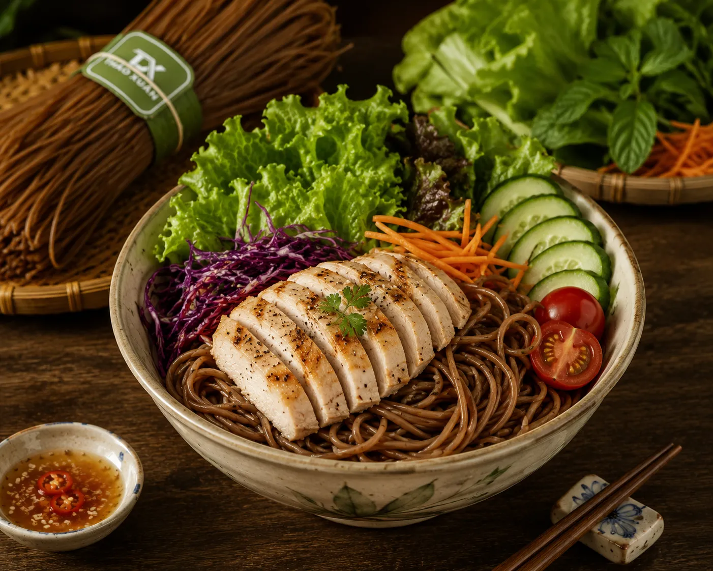 Bún gạo lứt kết hợp rau xanh và đạm nạc giúp cân bằng dinh dưỡng.