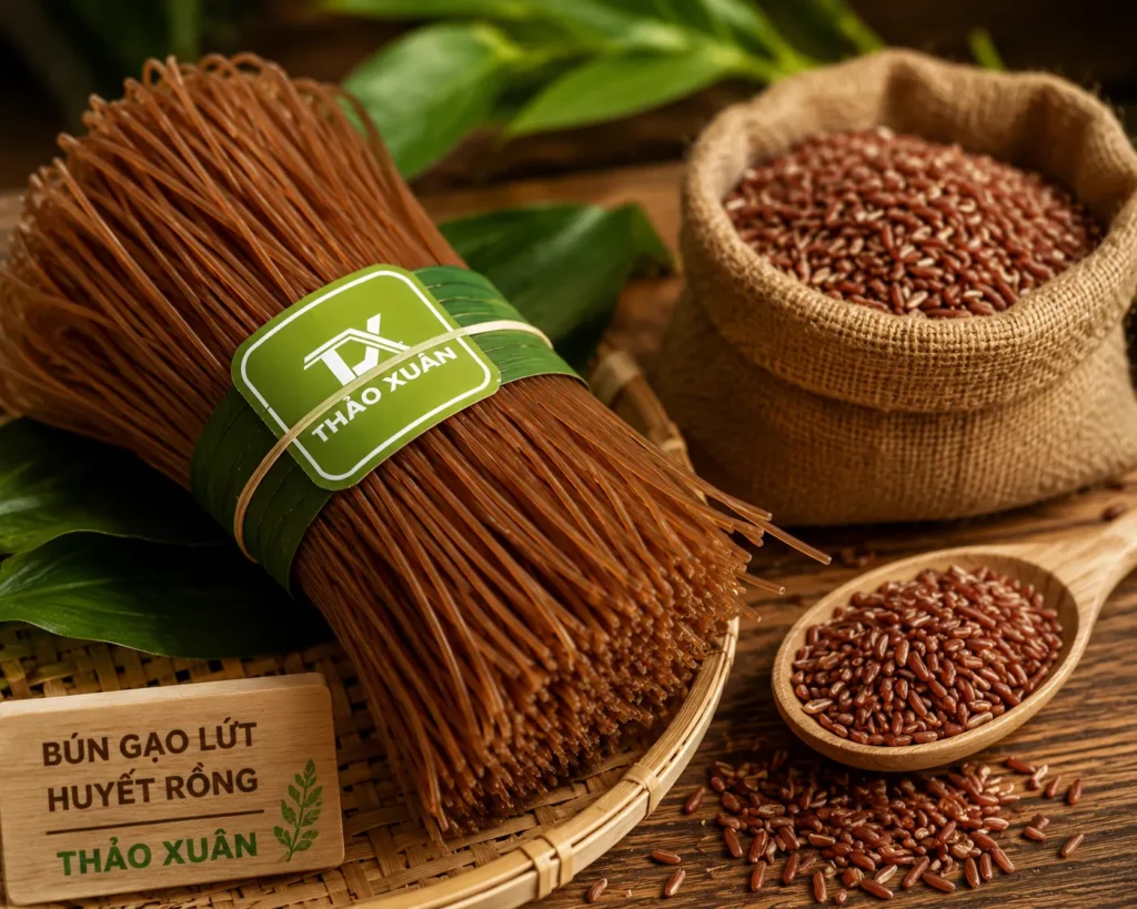 Bún gạo lứt huyết rồng được sản xuất từ gạo lứt huyết rồng giàu chất xơ và khoáng chất tự nhiên.