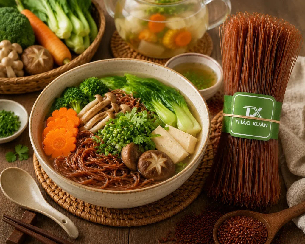Bún gạo lứt có thể dùng cùng nước dùng từ rau củ hoặc nước hầm ít dầu mỡ.