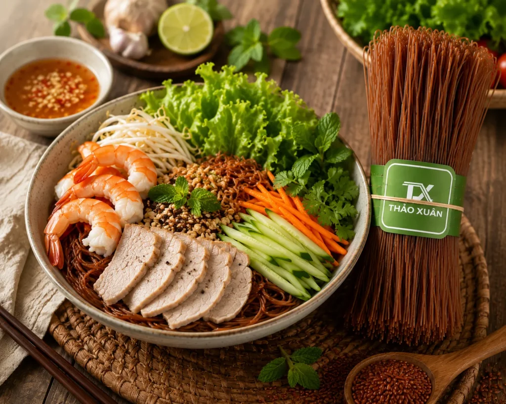 Bún gạo lứt tôm thịt nạc giúp bổ sung thêm protein chất lượng cao.