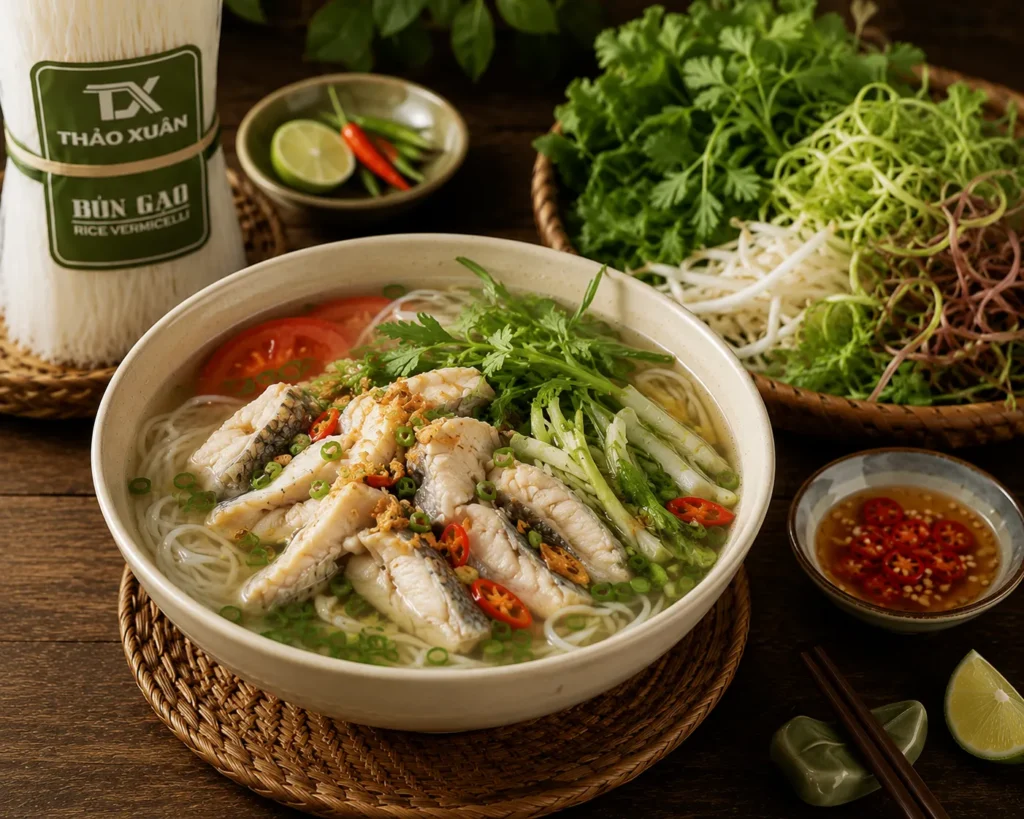 Bún gạo khô cá lóc mang hương vị dân dã, đậm đà đặc trưng của ẩm thực Việt.