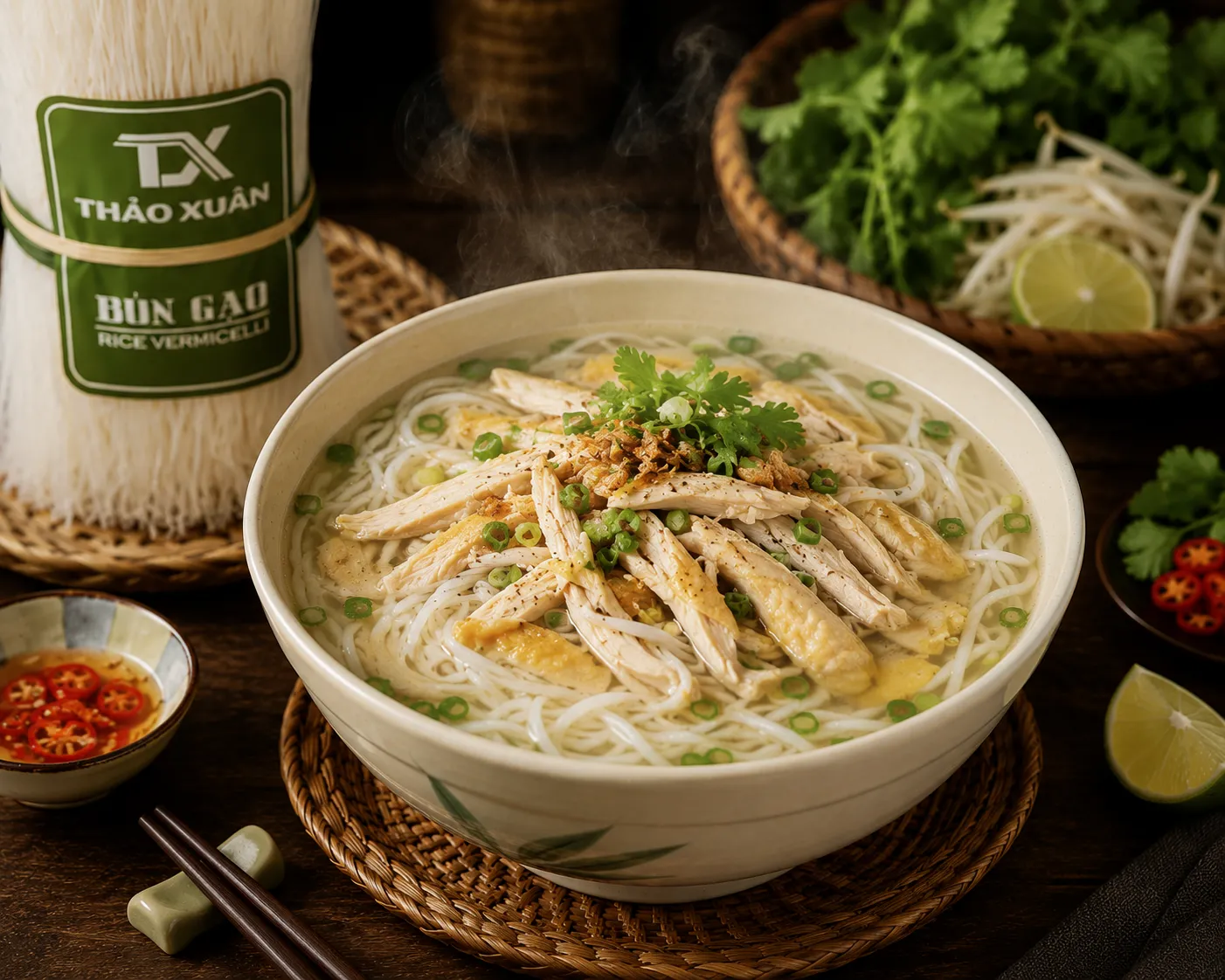 Món bún gạo gà xé nổi bật với phần thịt gà mềm ngọt và nước dùng thanh nhẹ.