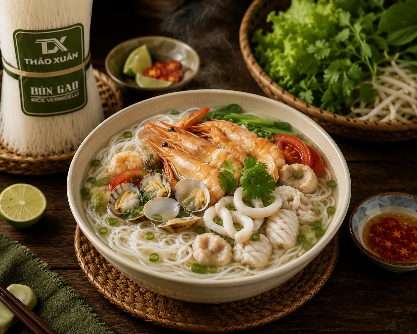 Bún gạo khô nấu hải sản là món ăn thơm ngon với sự kết hợp của tôm, mực, nghêu cùng nước dùng ngọt thanh.