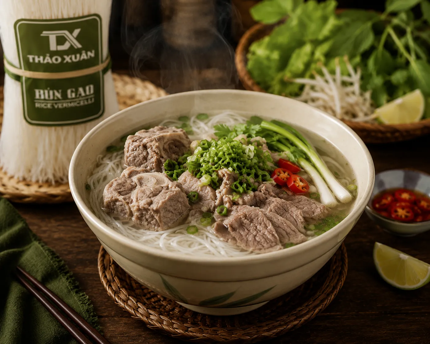 Bún gạo khô nấu nước dùng xương có vị ngọt thanh tự nhiên, dễ ăn và giàu dinh dưỡng.