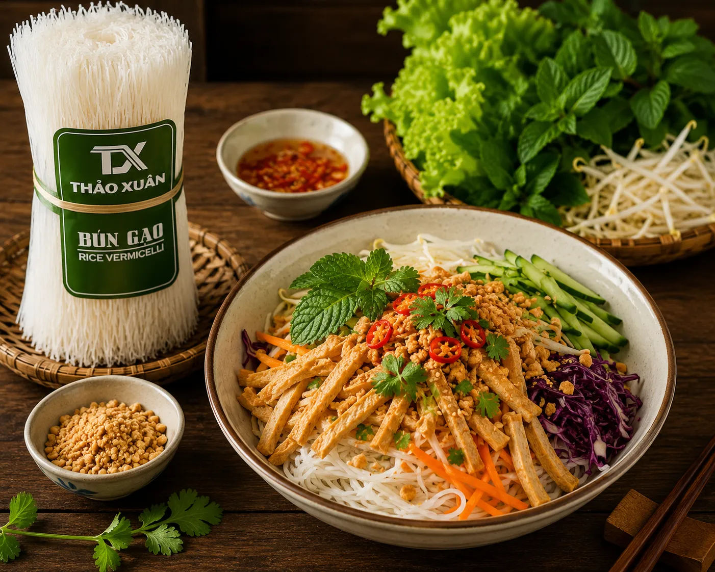 Bún gạo trộn chay với sự kết hợp của nấm, rau củ tươi và nước sốt chay thanh đạm