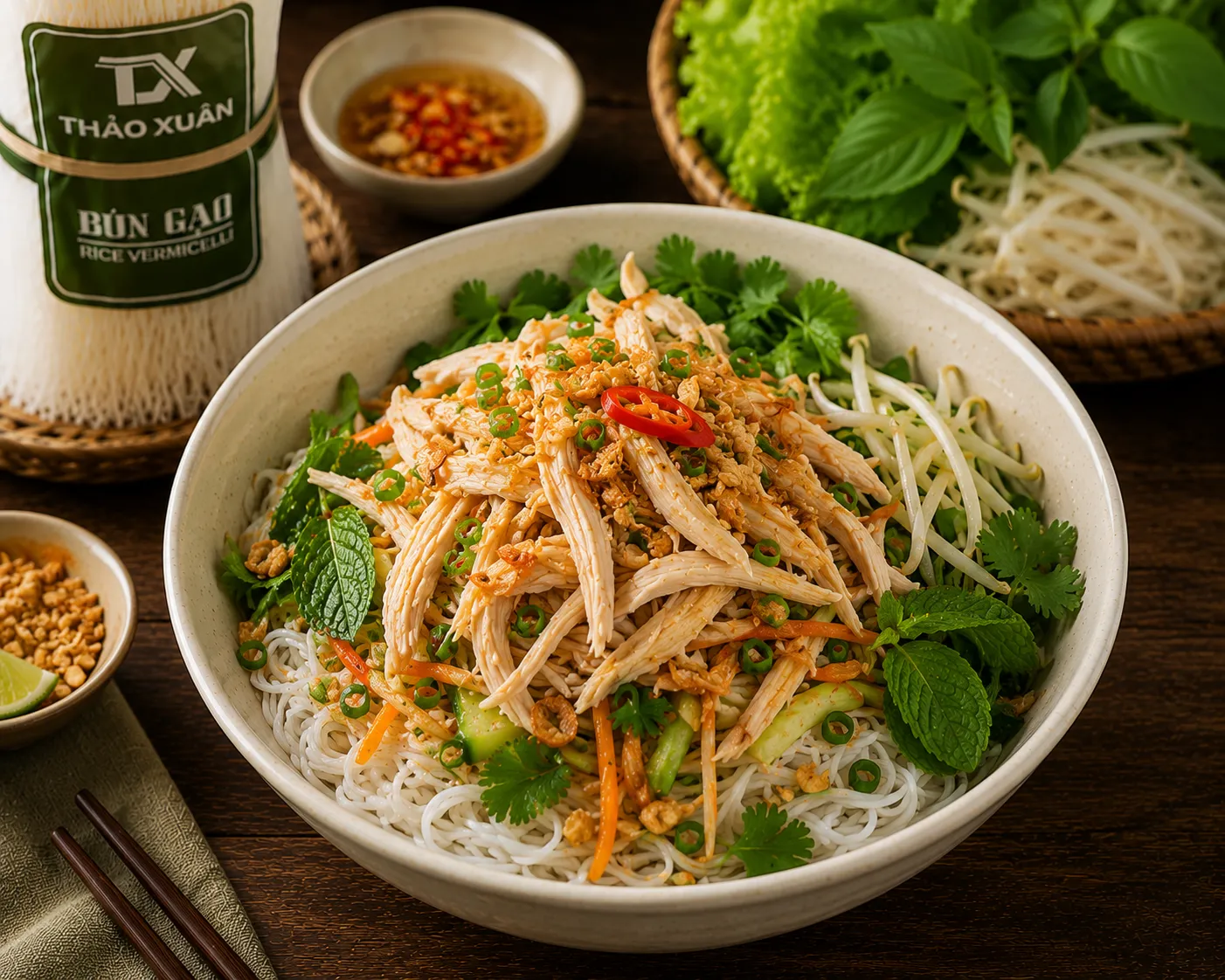 Bún gạo khô trộn gà xé là món ăn thanh nhẹ, phù hợp cho những ngày bận rộn.