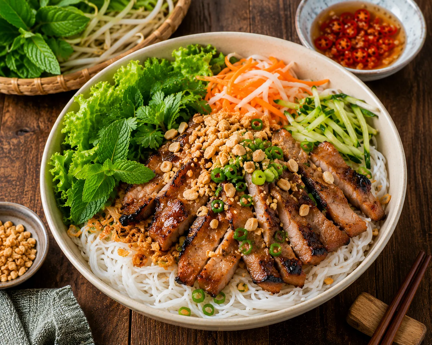 Bún gạo khô trộn thịt nướng hấp dẫn bởi hương thơm đặc trưng của thịt nướng cùng nước sốt đậm đà.